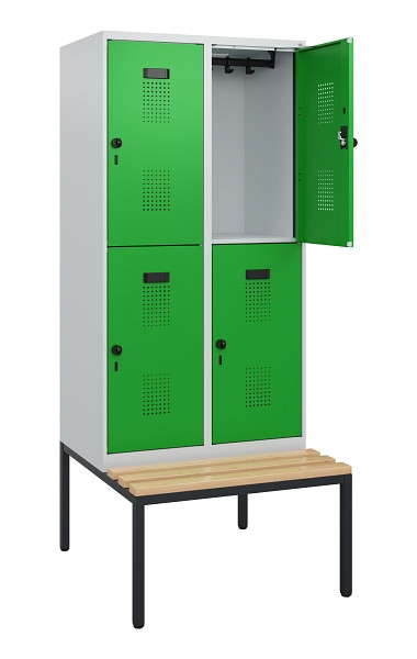 C+P Doppelstöckiger Spind Evolo PLUS, Bank, 4 Fächer, 1950x800x815mm, 7035/6037, Drehriegel, Sitzfläche Buche-Hartholz, Sitzbank, 0493505-22 S10011