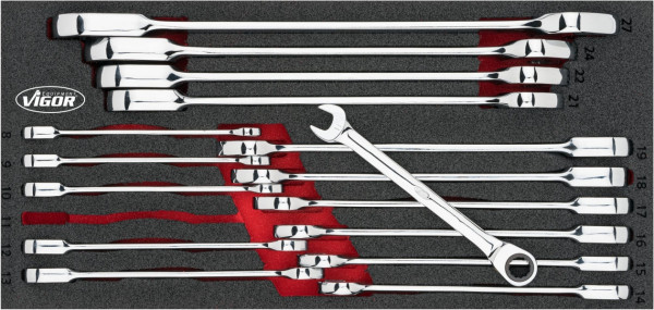 VIGOR Ratschen Ring-Maulschlüssel Satz, Außen-Sechskant Profil, Außen-Doppel-Sechskant Profil, 8 - 27, Anzahl Werkzeuge: 16, V4987