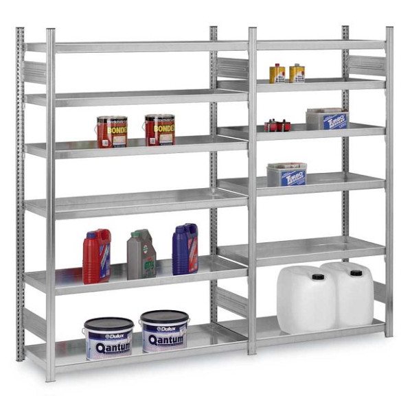 hofe Wannenboden-Grundregal, 2500x500x1300 mm, 6 Fachebenen, verzinkt, 200 kg Fachlast, 1500 kg Feldlast, zweiseitige Bedienung, HZG25513AW