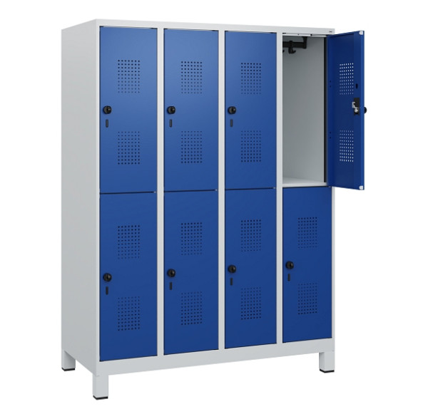 C+P Doppelstöckiger Spind Evolo PLUS, Füße, 8 Fächer, 1630x1200x500mm, 7035/5010, Drehriegel, 0493105-40 S10006