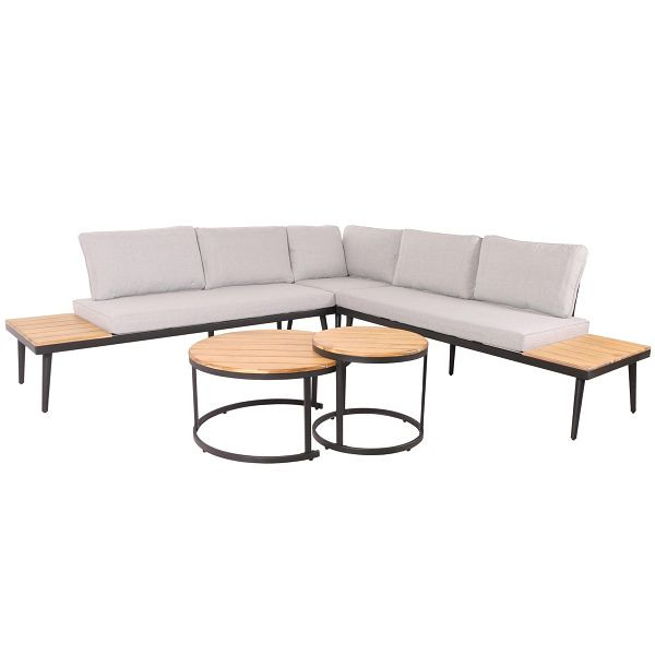 Mendler Garten-Garnitur HWC-H54c, Lounge-Set, Beistelltisch Spun Poly Akazie Holz Stahl, hellbraun, Kissen hellgrau, 106216+106217