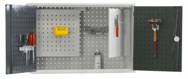 KLW Stahllochplattenschrank 600x900x350mm (HxBxT) mit abschließbaren Flügeltüren, Lochblech-Innentüren, zur Wandmontage, 05/3068