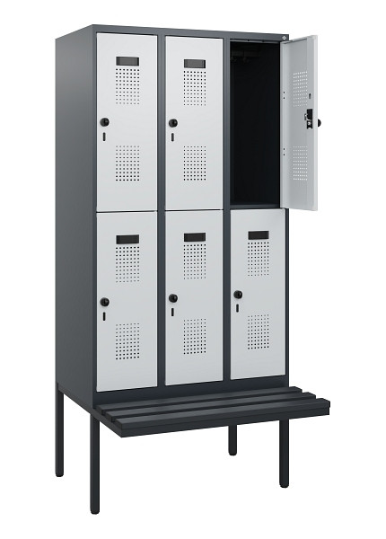 C+P Doppelstock-Spind Evolo PLUS, Bank, 6 Fächer, 1950x900x815mm, 7016/7035, Drehriegel, Sitzfläche Kunststoff, 0493405-30 S10114