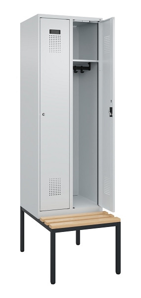 C+P Spind Evolo PLUS, 2 Abteil, 2120x600x815mm, 7035/7035, Zylinderschloss, Sitzfläche Buche-Hartholz, Sitzbank, 0490507-20 S10040