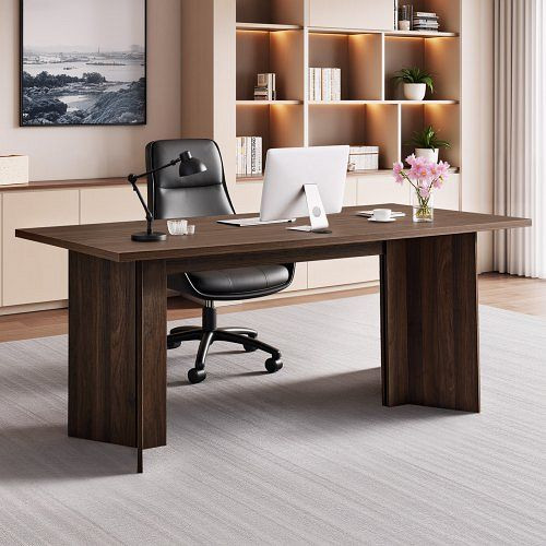 VEVOR Chefschreibtisch 160cm, Bürotisch mit Kabelanschlussloch, Waben- & Spanplatte, 113,4kg Tragkraft, Braun+Schwarz, XZBGZJXXZZMBE7OT6001V0