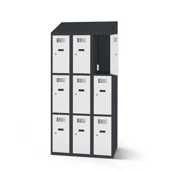 Rotstahl Fächerschrank, 9 Fächer, Stollenfüße, mit Ladefunktion, Schrägdach, Korpus: anthrazitgrau, Türen: lichtgrau, 2180-030300-1202112-7016-7035