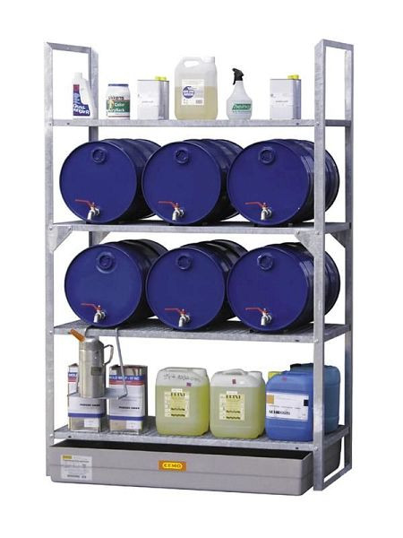 Cemo Fassregal Typ 540 mit GFK-Auffangwanne 150 l mit Fassauflagen für 6x 60 l Fässer und Kleingebinde, 7734
