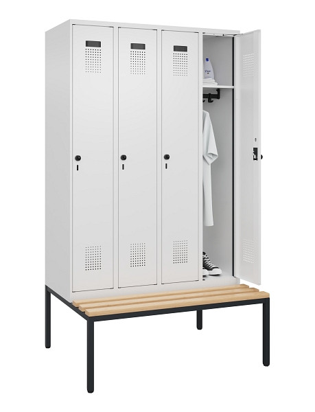 C+P Spind Evolo PLUS, 4 Abteile, 2120x1200x815mm, 9016/9016, Haken 3, Drehriegel, Sitzfläche Buche-Hartholz, Sitzbank, 0490507-40 S10020