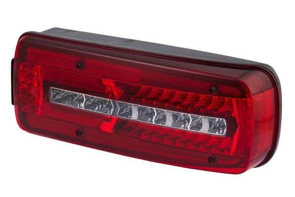 HELLA Heckleuchte, Truck Full LED, LED, 24V, Anbau, glasklar/rot, LED-Lichtfarbe: weiß/gelb/rot, 500mm, DIN Bajonett, Rundstecker, rechts, 2VP 012 381-081
