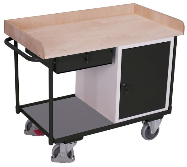 VARIOfit Werkstattwagen mit 2 Ladeflächen, Außenmaße: 1.220 x 640 x 955 mm, RAL 7016 anthrazitgrau, mit verschließbarer Flügeltür, sw-600.611/AG