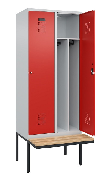 C+P Spind Evolo PLUS, 2 Abteile, 2120x800x815mm, 7035/3020, Haken 4, Zylinderschloss, Sitzfläche Holz, Trennwand, 0490407-22F S10032