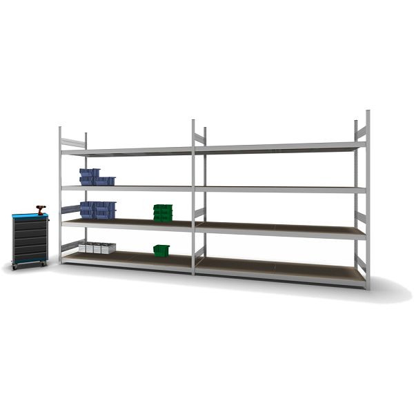 hofe Großfach-Grundregal, 2500x800x2500 mm, 4 Fachebenen, Spanplatte verzinkt, 350 kg Fachlast, 1750 kg Feldlast, zweiseitige Bedienung, GZG25825S