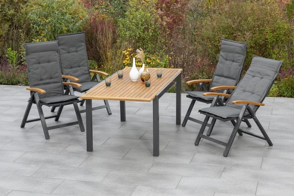 Merxx Tilos Set 9-teilig, 4 Tilos Klappsessel, 4 Kissen, uni grau, 1 Tilos Ausziehtisch, 150 (200) x 90 cm, Aluminium mit FSC Akazienholz, 50206-800