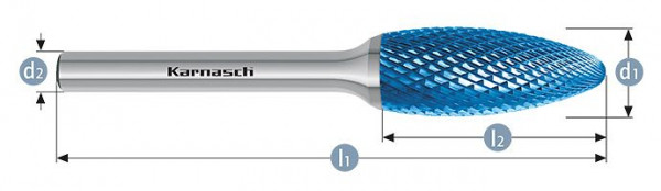 Karnasch Hartmetall-Frässtift Blue-Tec beschichtet Flamme/ HP-4 d1=12 / l2=32 / d2=6 / l1=77mm, 115072025