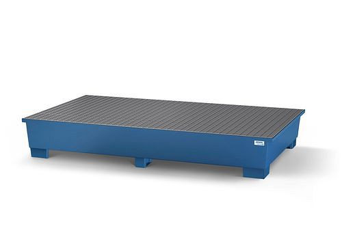 DENIOS Auffangwanne classic-line für 2 IBC, blau lackiert, Abfüllbereich und 2 Gitterroste, 259391