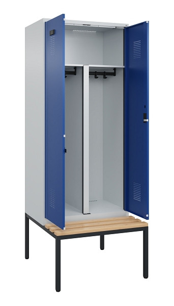 C+P PSA Doppel-Spind Evolo PLUS, Bank, 2 Abteile, 2120x800x815mm, 7035/5010, Zylinderschloss, Sitzfläche Buche-Hartholz, Sitzbank, 0490527-22P S10033