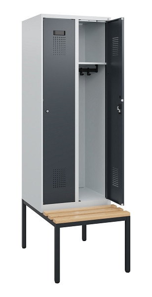 C+P Spind Evolo PLUS, 2 Abteile, 1950x600x815mm, 7035/7016, Zylinderschloss, Sitzfläche Holz, Sitzbank, 0490505-20 S10039