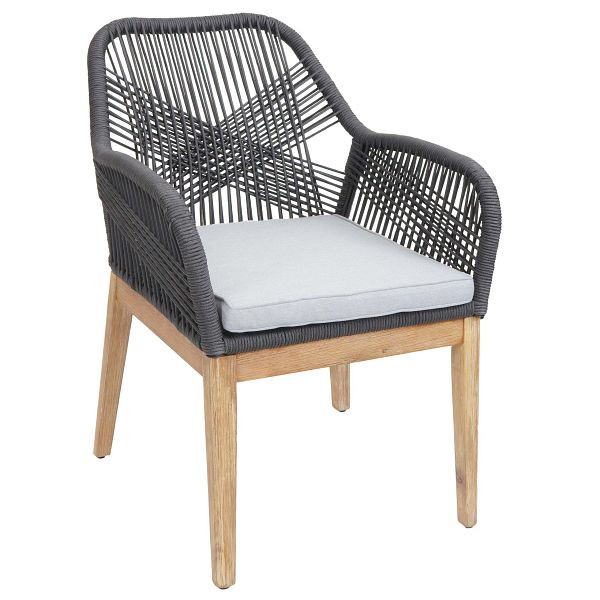 Mendler Gartenstuhl HWC-H56b, Sessel Outdoor Stuhl, wetterfest Seilgeflecht Rope Holz Akazie, dunkelgrau Kissen hellgrau, 110411