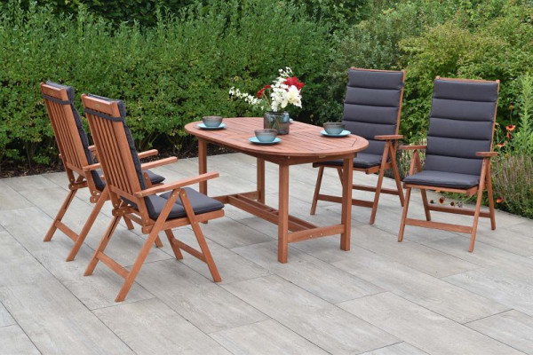 Merxx Vitoria Set 9-teilig, 4 Vitoria Klappsessel, 4 Auflagen, uni grau, mehrfach abgesteppt, 1 Ausziehtisch 160 (210) x 90 cm, 50182-800