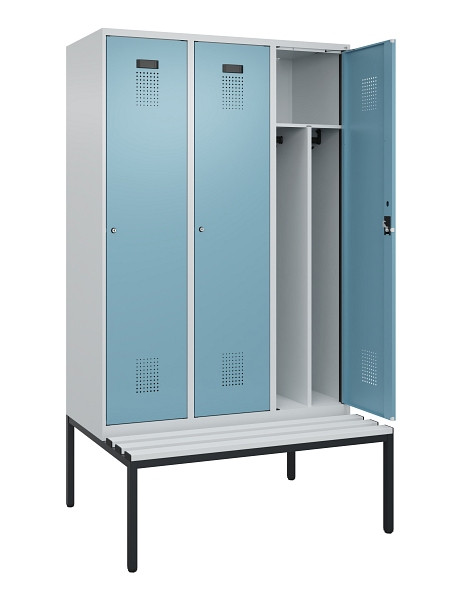 C+P Spind Evolo PLUS, 3 Abteile, 2120x1200x815mm, 7035/0010, Haken 4, Zylinderschloss, Sitzfläche Kunststoff, Sitzbank, Trennwand, 0490507-32F S10090