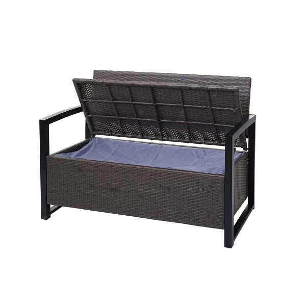 Mendler Poly-Rattan 2er Sitzbank HWC-F39, Gartenbank Truhenbank, Staufach Aufbewahrung Sitzkissen, grau-meliert, Kissen creme, 69564