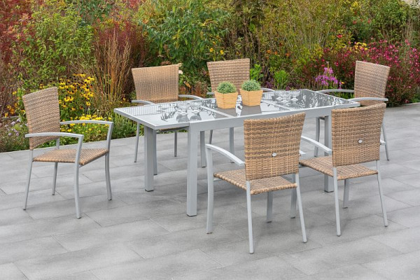 Merxx Savona Set 7-teilig, 6 Stapelsessel, 1 Ausziehtisch, 140 (200) x 90 cm, silber/naturgrau, Aluminiumgstell mit Kunststoffgeflech, 50390-228