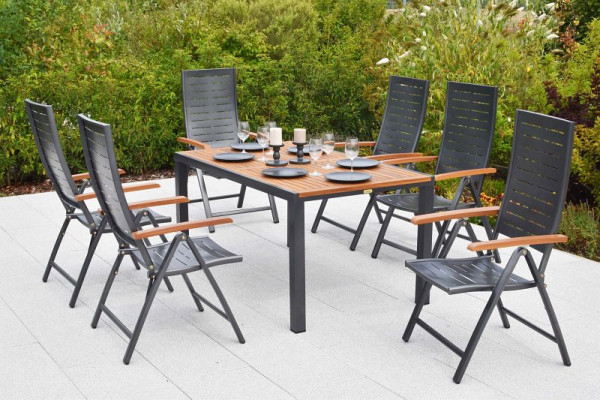 Merxx Tinos Set 7-teilig, 6 Tinos Klappsessel, Armlehnen aus Akazienholz, 1 Tisch 150 x 90 cm, Tischplatte aus Akazienholz, 50803-217