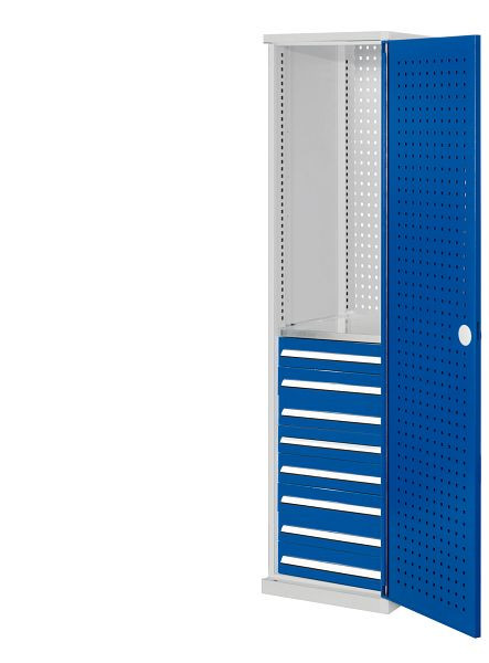 Kappes RasterPlan Schubladenschrank schmal Mod 6, 1950 x 600 x 600 mm, 7035/5010, Lochplattentür, 1 Fachboden verzinkt, 8 Schubladen 125 mm, 1567.05.3016