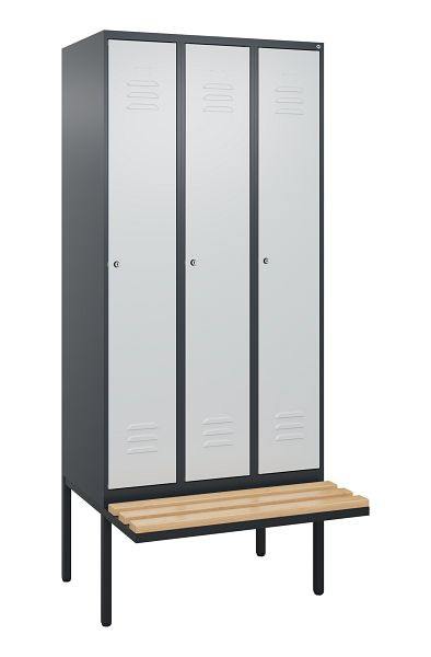 C+P Umkleidespind Classic PLUS, 3 Abteile, 2120x900x815mm, 7016/7035, Zylinderschlösser, Buche-Sitzleisten, 3 Doppel-Haken, 0800407-30 S10057