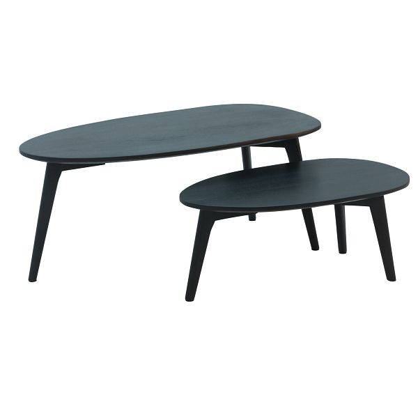 Wohnling Design Couchtisch 2er Set Mango Massivholz Wohnzimmertisch Schwarz, Satztisch Holztisch Nierenform Kaffeetisch, WL6.725