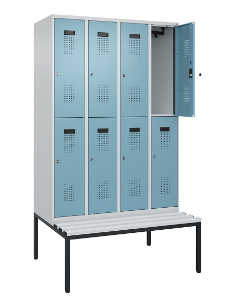 C+P Doppelstock-Spind Evolo PLUS, Bank, 8 Fächer, 2120x1200x815mm, 7035/0010, Zylinderschloss, Sitzfläche Kunststoff, Sitzbank, 0493507-40 S10117