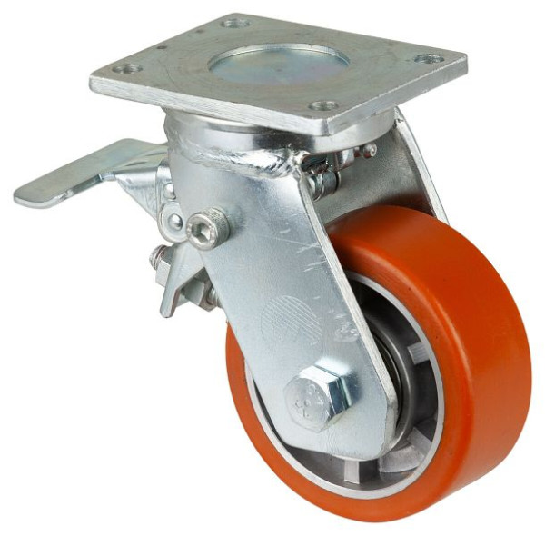BS Rollen Schwerlastrolle mit Rad-/Feststeller, B40 mm, Ø100 mm, bis 200 kg, Fläche Guss-Polyurethan 95 Shore A, Aluminium, Kugellager, RR120.B90.100