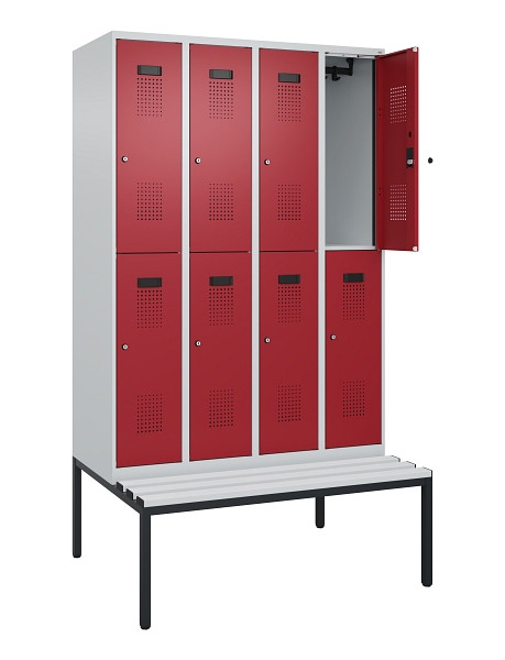 C+P Doppelstock-Spind Evolo PLUS, Bank, 8 Fächer, 2120x1200x815mm, 7035/3003, Zylinderschloss, Sitzfläche Kunststoff, Sitzbank, 0493507-40 S10112