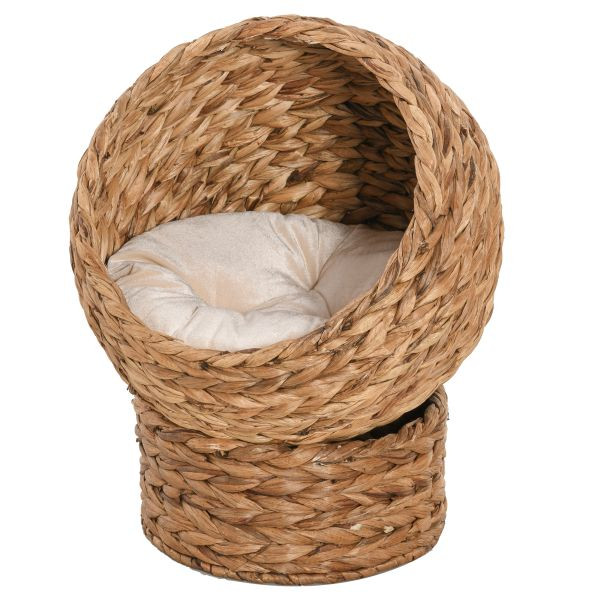 PawHut Rattan Katzenkorb Katzenhöhle Katzenbett mit Kissen Hellbraun, D30-104