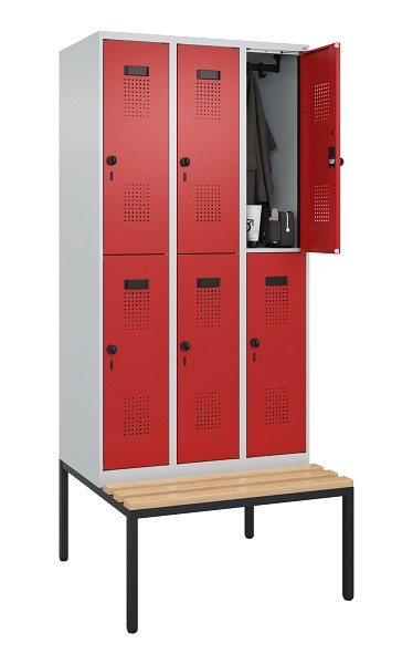 C+P Doppelstock-Spind Evolo PLUS, Bank, 6 Fächer, 2120x900x815mm, 7035/3000, Drehriegel, Sitzfläche Buche-Hartholz, Sitzbank, 0493507-30 S10003