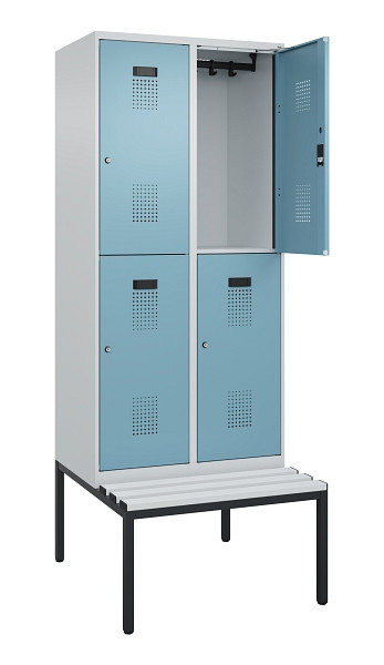 C+P Doppelstock-Spind Evolo PLUS, Bank, 4 Fächer, 2120x800x815mm, 7035/0010, Zylinderschloss, Sitzfläche Kunststoff, Sitzbank, 0493507-22 S10117