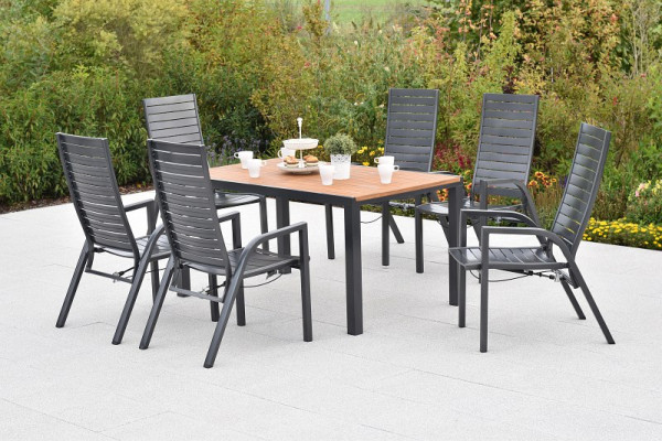 Merxx Siros Set 7-teilig, 6 Siros Sessel, verstellbar durch Gasdruckfeder, 1 Tisch, 150 x 90 cm, Tischplatte aus Akazienholz, 50964-217