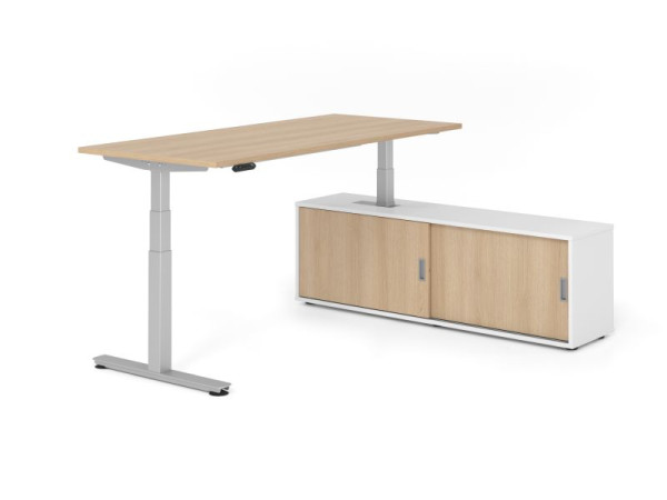Hammerbacher Schreibtisch XDSM19, 180x80cm, Platte: Eiche, T-Fuß Gestell Silber, Höhe: 63 - 127 cm, Weiß / Eiche, VXDSM19SB/E/S/W/E