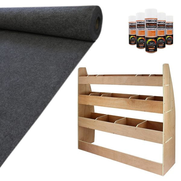 Monster Racking 11qm Anthrazit Teppich-Verkleidung Super Stretch mit Kleber & VW Caddy Regalsystem, 26294