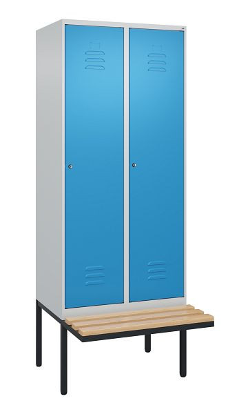 C+P Umkleidespind Classic PLUS, 2 Abteile, 2120x800x815mm, 7035/5012, Zylinderschlösser, Buche-Sitzleisten, 0800407-22 S10048
