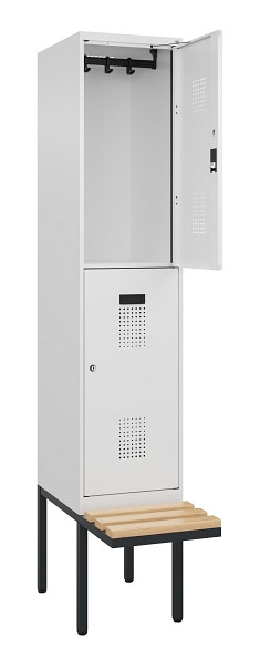 C+P Doppelstock-Spind Evolo PLUS, Bank, 2 Fächer, 2120x400x815mm, 9016/9016, Zylinderschloss, Sitzfläche Buche-Hartholz, 0493407-12 S10047