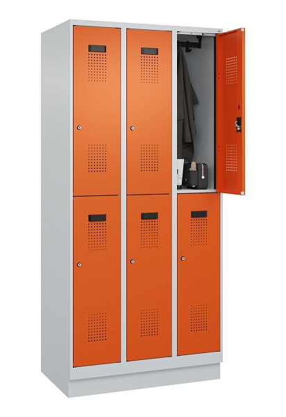 C+P Doppelstöckiger Spind Evolo PLUS, mit Sockel, 6 Fächer, 1950x900x500mm, 7035, Frontfarbe RAL 2004 Reinorange, Zylinderschloss, 049320-30 S10029