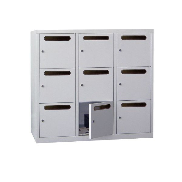 Pavoy Schließfach-Hängeschrank 1087/500/1200, 3b x 3h, Zylinder, Abteilbreite 400 mm, Einwurfschlitz 30 mm, Winkelschiene, 61213-334-951-716910