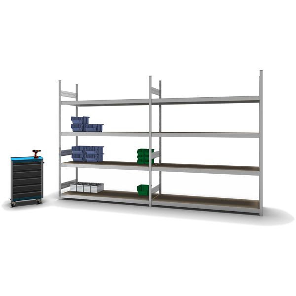 hofe Großfach-Grundregal, 2500x600x2000 mm, 4 Fachebenen, Spanplatte verzinkt, 350 kg Fachlast, 1750 kg Feldlast, zweiseitige Bedienung, GZG25620S