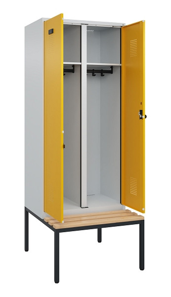 C+P Schwarz-Weiß-Spind Evolo PLUS, Bank, 2 Abteile, 2120x800x815mm, 7035/1004, Drehriegel, Sitzfläche Buche-Hartholz, Sitzbank, 0490527-22 S10000