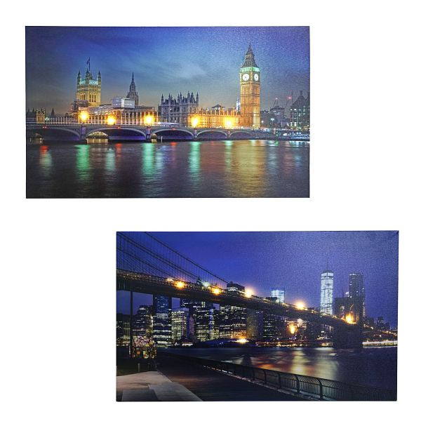Mendler 2er-Set LED-Bild, Leinwandbild Leuchtbild Wandbild, Timer Bridges 40x60cm, 65945