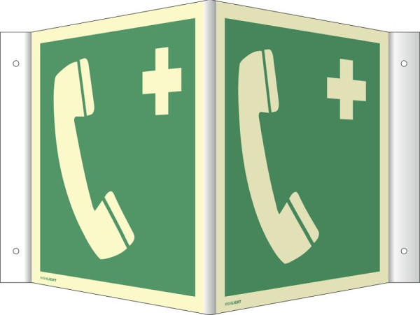 Moedel Winkelschild Notruftelefon, ISO 7010, Kunststoff, nachleuchtend, 160-mcd, 200x200 mm, 76876