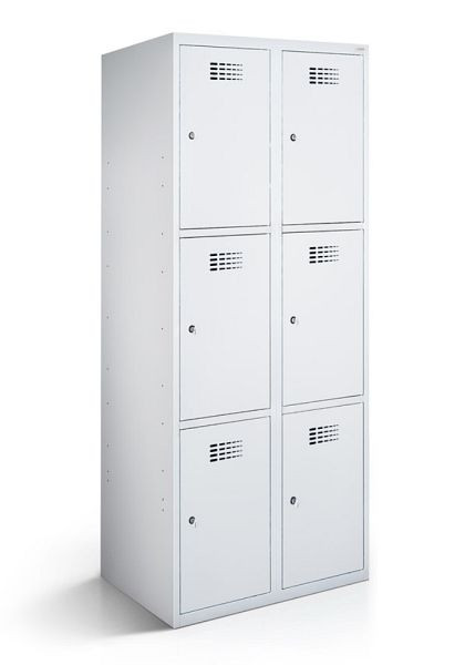 KEMMLIT Schließfachschrank mit 2 Abteilen und 6 Türen 30cm mit geschlossenem Sockel, Lichtgrau 7035, Zylinderschloss, 100551