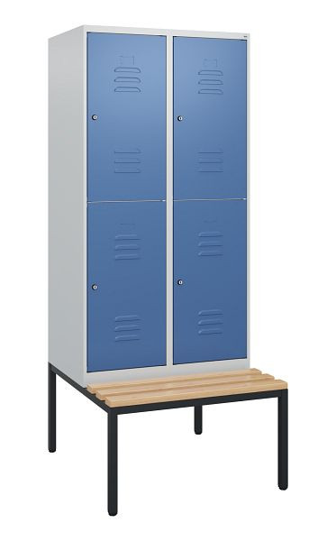 C+P Doppelstöckiger Spind Classic PLUS, 2 Abteile, 1950x800x815mm, 7035/5023, Zylinderschlösser, Buche-Sitzleisten, Sitzbank, 0803505-22 S10031