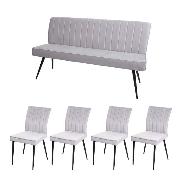 Mendler Esszimmer-Set HWC-K16, 4er-Set Stuhl+Sitzbank Esszimmergruppe Sitzgruppe Esszimmergarnitur, Samt Metall, hellgrau, 2x89320+89322+89481